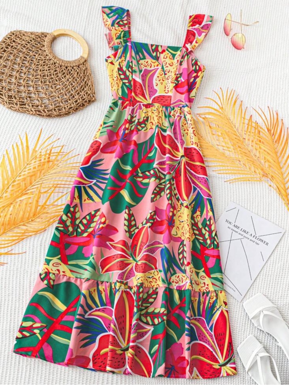 SHEIN Pink Green Floral Dress
